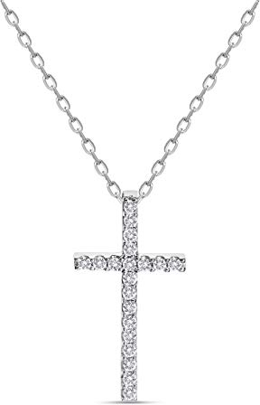 Miore Kette Damen 0.10 Ct Diamant Halskette mit Anhänger Kreuz Kette aus Weißgold 9 Karat / 375 Gold, Halsschmuck mit Diamanten Brillanten 45 cm lang