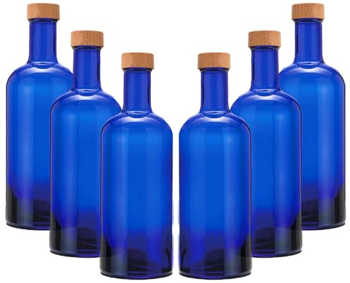 BrandPrint - Juego de 6 botellas de cristal azul para agua solarizada modelo Iside 750 ml con tapón de rosca de aluminio recubierto de madera. Botella de plástico libre