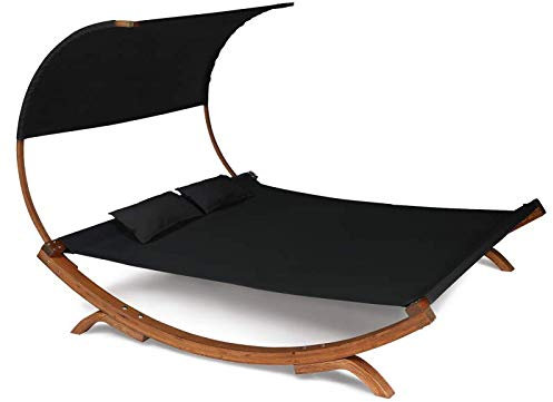 IDMarket - Lit de Jardin en Bois avec Toile Noire et auvent