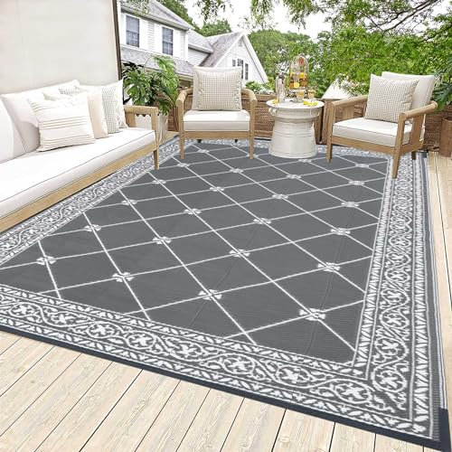 HiiARug Reversible Mats Outdoor Rug 6x9 for Patio Plastic Straw Patio Rugs Outdoor Rugs Large Floor Mat for RV, Patio, Backyard, Deck, Picnic, Beach, Trailer, Camping (Grey)