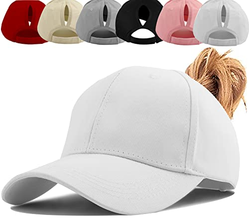 Damen Pferdeschwanz Kappe Baseball Cap Unisex Einstellbare Hohe Unordentliche Bun Ponycap Mit Zöpfen Loch Loop Unisex Herren (Weiß)