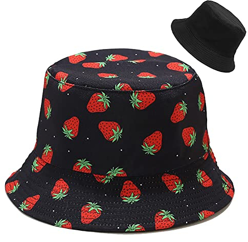 Malaxlx Damen Erdbeere Druck Schwarz Fischerhut Bucket Hat Anglerhut Reversibel Fischerhüte Sonnenhut Sommerhut Faltbarer Draussenhut