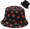 Malaxlx Damen Erdbeere Druck Schwarz Fischerhut Bucket Hat Anglerhut Reversibel Fischerhüte Sonnenhut Sommerhut Faltbarer Draussenhut