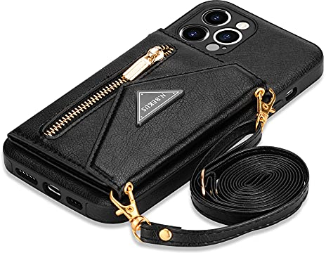 GUVAGI Handyhülle für iPhone 13 Pro Max Hülle Case mit Band, Leder Cover Klapphülle Reißverschluss Stoßfest Schutzhülle Magnet Aesthetic Mädchen Handy Hülle mit Kette Umhängen (Schwarz)