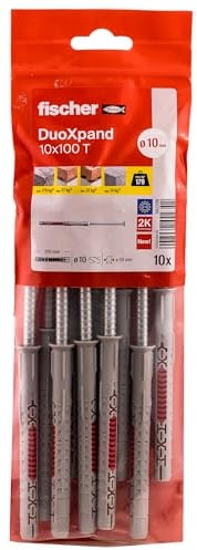 fischer DuoXpand 10 x 100 T, hochwertiger Universaldübel mit verzinkter Senkkopfschraube (10 Stk.), Dübel für starken Halt, ideal für poröse Baustoffe & randnahe Verankerungen im Innenbereich