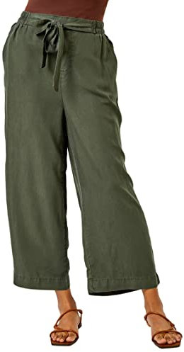 Roman Originals Culotte Trousers for Women UK - Ladies Wide Leg Cropped Pants Tie Detail Bottoms Vintage Retro Smart Flared Slimming High Waist 1940s Party Regular - Khaki - Size 18