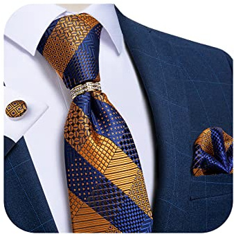 DiBanGu Seidenkrawatten für Herren und goldener Krawattenring, gewebte Einstecktuch-Manschettenknöpfe mit Geschenkbox, Paisley-Streifen, solide Krawatte, Blau und Gold kariert, Einheitsgröße