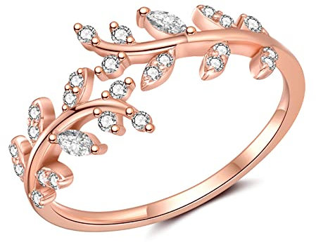 Sterling Silver Rings for Women, 925 Rose Gold Open Adjustable Leaf Ring with Cubic Zirconia Jewelry Gift for Wedding Anniversary Birthday