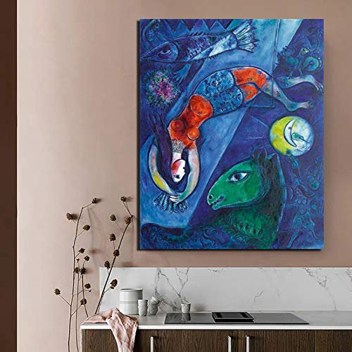 OUSHION ART Marc Chagall Der blaue Zirkus Frau Haus Fisch Leinwand Poster Moderner Surrealismus Wandkunst Gemälde Bilder für Home Office Dekor 40x30cm Innenrahmen
