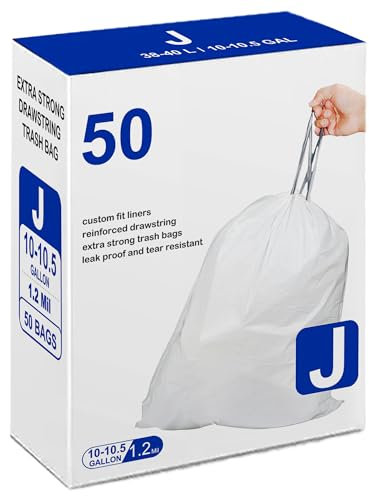 Code J Heavy Duty Drawstring Trash Bags | 1.2 Mil White Garbage Can Liners (50 Count) | Compatible with simplehuman Code J | 10-10.5 Gallon / 38-40 Liter | Code J Heavy Duty Plastic Trash Bags