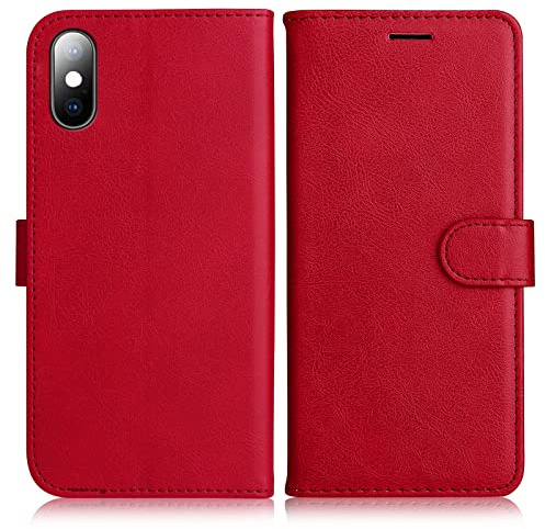 DENDICO Hülle für iPhone X/iPhone XS, PU Leder Brieftasche Handyhülle, Flip Tasche TPU Schutzhülle mit Kartenfach für iPhone X/iPhone XS, Rot