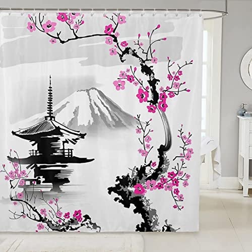 SEYUMI Rideau de Douche Mont Fuji, Japon Rideau Douche 3D Fleurs de Cerisier Anti Moisissure Tissu Polyester Rideau Salle de Bain pour Baignoire, Rideaux de Douche 120 x 200 avec 8 Crochets