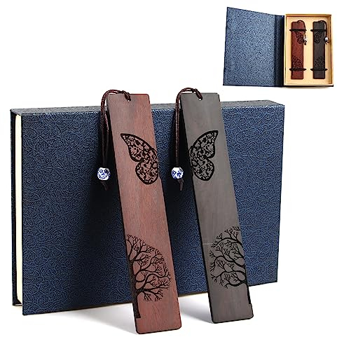 Binggunyo Lesezeichen Holz Set, 6 Stück, Handgefertigt, Geschnitzte und Bemalte Holz-Lesezeichen mit Geschenkbox, Ideal für Lehrer, Schüler, Männer und Frauen (Schmetterling)