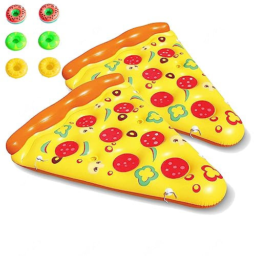 JUNZAI WasserhäNgematte, Pizza Luftmatratze Pool, Mit 3/6 GeträNkehaltern Riesige Aufblasbare Pizza FüR Erwachsene Im Beach Pool,2PCS