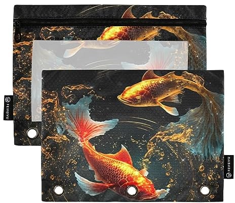 Binder Pencil Pouch 3 Ring Zipper Clear Window Pen Case Big Capacity Cosmetic Bag Storage Container for Storing Office Supplies 2 Pack Carp Fish Red Golden
