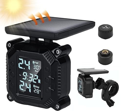OBEST Tyre Pressure Monitor, Solar Power Wireless Tpms Tyre Pressure Monitoring System for Motorcycle Car Safety Monitor with LCD Display & 2 External Sensors