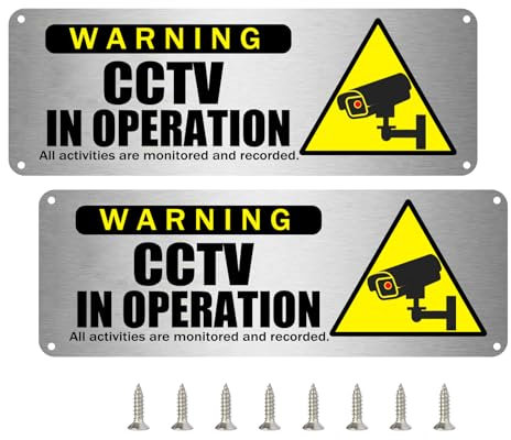 Yitla 2-PACK Outdoor CCTV Signs - 25 x 9cm Brushed Aluminium, Self Adhesive, Metal Signs with Screws and Cable Ties for Home, Business