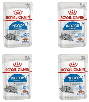 ROYAL CANIN Indoor Sterilised 7+ | 4er Pack | 4 x 12 x 85 g | Alleinfuttermittel für Katzen ab dem 7. Lebensjahr | Für sterilisierte Katzen die im Haus Leben | Häppchen in Gelee