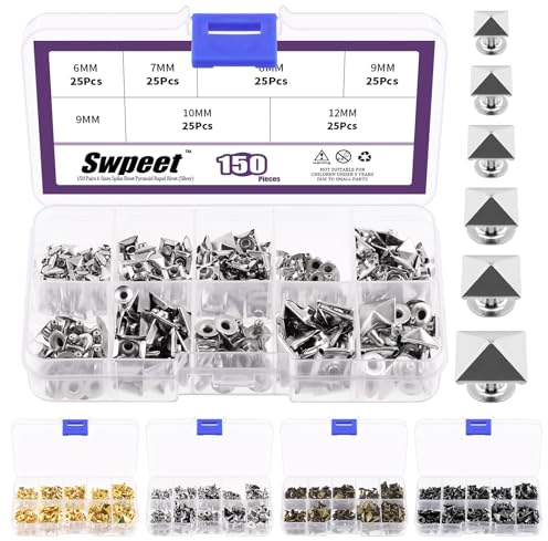 Swpeet 150Pcs 6 Sizes 6mm/7mm/8mm/9mm/10mm/12mm Silver Spike Rivet Pyramid Rapid Rivet Studs Kit, Square Rivets Metal Pyramid Fits for Bag Leather Clothing Shoes Rivet Handicraft DIY Punk