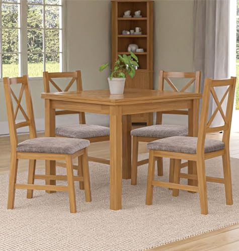 Hallowood Furniture Waverly Oak Rectangular Dining Table and Chairs Set 4, Small Kitchen Extending Table and Chairs with Cross Back and Grey Fabric Padded Seats, Dining Room Sets for Home and Café