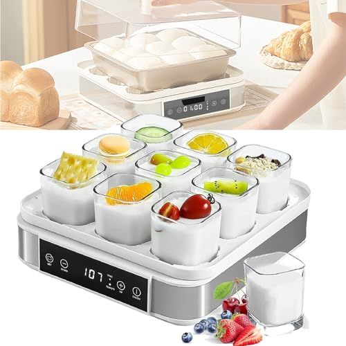 GJLRS Yogurtera automática Inteligente, Control de Temperatura y Tiempo Ajustable, diseño Visible de 360°, pequeña yogurtera Digital con 9 tarros de Vidrio para Hacer Yogur, fermentador de Masa, Vino