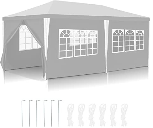Ikodm 3x6 Pavillon étanche à l'eau Tente de réception Stable Bâche PE de Haute qualité Tente de fête résistante aux UV Tente de Jardin 100g/m² Tente à bière avec 6 éléments latéraux Blanc