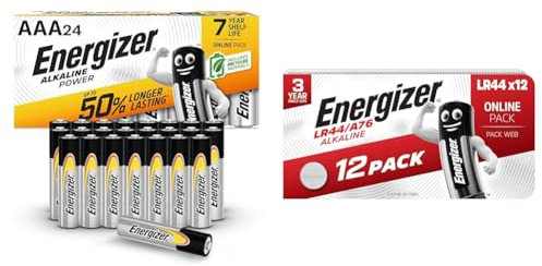 Energizer AAA Batteries, Alkaline Power, 24 Pack, Triple A Battery Pack - Amazon Exclusive (Packaging may vary) & LR44 Batteries, 12 Pack, LR44/A76 Battery Pack - Amazon Exclusive