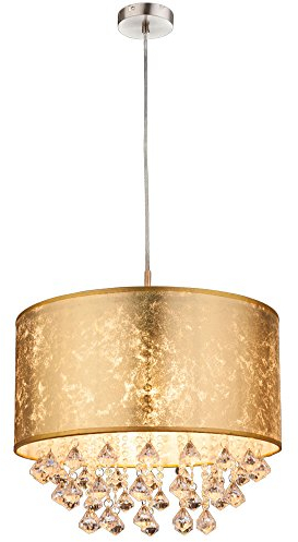 GLOBO LED Hängeleuchte Textil gold Pendelleuchte Kristalle klar Esszimmer Wohnzimmerlampe Pendel, Blattgold Optik, 9W 810lm warmweiß, DxH 40 x 140 cm