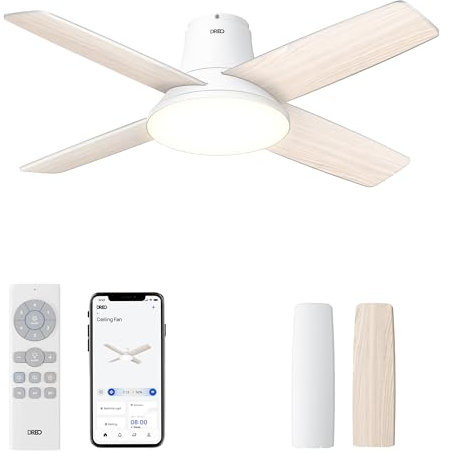 Dreo Ventiladores de techo con luces, 12 velocidades y 3 modos de ventilador, motor CC silencioso, perfil bajo, fácil de instalar, ventilador de techo inteligente de montaje empotrado con LED