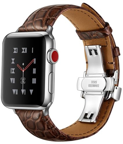 AdirMi Compatibile con Apple Watch 38mm 40mm 41mm 42mm 44mm 45mm 49mm, Cinturino in Vera Pelle con Coccodrillo per iWatch Series Ultra 2/Ultra/SE2/SE/9/8/7/6/5/4/3/2/1,Brown/Silver,42/44/45/49mm