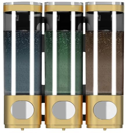 300mL*3 Soap Dispenser,Shampoo Dispenser Wall Mounted for Bathroom,Gold 3 Chamber Simple Human Plastic Body Wash Shower Gel Shampoo Conditioner Soap Dispenser Holder No Drill Set
