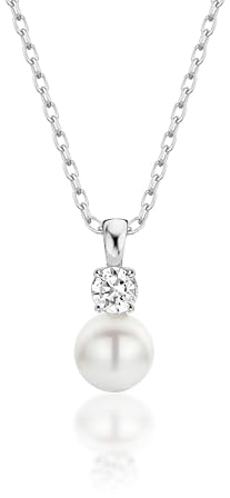 Love Me Santika Perlenkette Für Damen 925 mit Anhänger | Elegante Silber Halskette mit Zirkoniumsteinen | Damen Perlen Kette | Kette Schmuck Geschenk für Frauen, Freundin, C-039-1