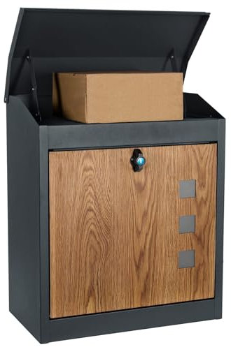 JUMI Wetterfest Briefkasten und Paketbox - Rostfrei und Massiv - Standbriefkasten Modern - Stahlblech Rückholsperre - Schublade und Schrank - Mailbox - aus Metall, Anthrazit + Holz Motiv