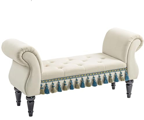 HOMCOM Sitzbank Polsterbank, Samtoptik, Luxus Bettbank mit Holzbeine, Flurbank für Schlafzimmer, bis 150 kg Belastbar, Beige, 117 x 40 x 58 cm