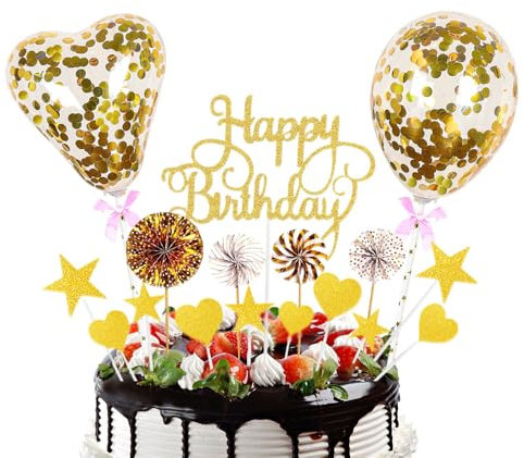 Bieiyhe 17 Stück Geburtstagstorte Deko Gold Glitter Happy Birthday Kuchen Deko Cake Topper Torten Topper Tortendekoration Geburtstag Tortendeko Tortenstecker für Torte Cupcake Topper für Jubiläum