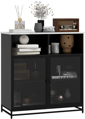 HOMCOM Buffet Meuble de Rangement Plateau Aspect marbre et Double Porte grillagée, pour Le Salon ou la Cuisine, 86 x 40 x 90 cm, Blanc et Noir