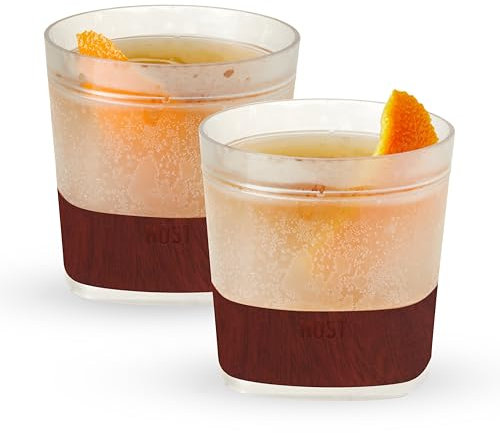 Host Freeze Cooling Cups Set of 2, Old Fashioned Glass with Silicone band for Bourbon, Scotch, and Whiskey, Whisky Gifts for Men, Wood Pattern