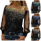 Women Black Long Shirts Shiny Sequin Shirts Glitter Sexy Graphic Tees Mesh Tops Print T-Shirt Casual Cold Loose Long Sleeve Tops Fashion Off Shoulder Party Blouse (01-Gold, S)