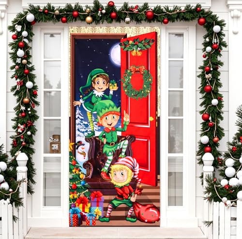 MELLIEX Couverture de Porte de Noël, Elfes et Père Noël Bannière pour Décoration de Vacances Hiver Porte Entrée Maison, 90 x 185cm, 90 x 200 cm