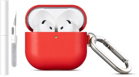 Haobobro [Nappa Series] Leder Hülle für AirPods 4. Generation 2024 - Handgefertigt Ledercase mit Karabiner & Reinigungsset - Stoßfest AirPods 4 Leather Case Schutzhülle Lederhülle - Rot