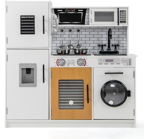 GOPLUS Cuisine en Bois Enfant avec Effet Sonore et Lumière, Kit Accessoires Cuisine Enfant avec Four, Machine à Laver, Téléphone, Cuisine de Jeu pour Fille Garçon 3+ Ans (Blanc)