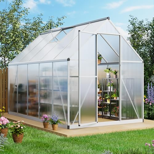 Homecart Invernadero de 6 x 9 pies para exteriores, gran invernadero de aluminio con ventana de ventilación en el techo, canalón de lluvia y puerta con cerradura para jardín, patios traseros, fácil