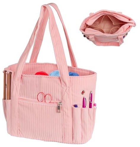 RAORAOYUE Borsa organizer per filati in velluto a coste, borsa per lavori a maglia, organizer per ferri da maglia e accessori, borsa da viaggio per mamma e donna, rosa