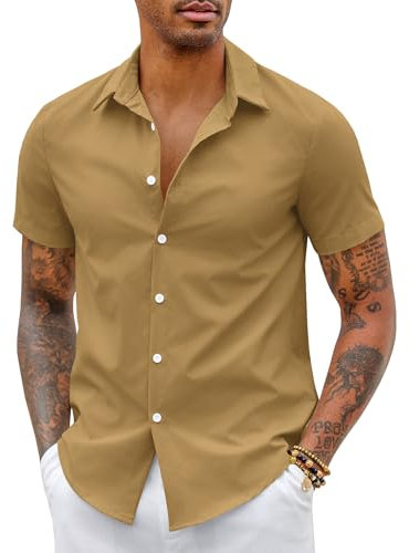 COOFANDY Mens Shirts Short Sleeve Dress Shirts Casual Shirts Formal Shirts Office Shirts Slim Fit Work Shirts Non Iron Business Shirts Summer Shirts Brown M