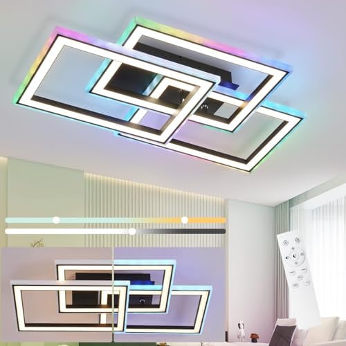 Homefire Deckenlampe LED Deckenleuchte Wohnzimmer - 45W Wohnzimmerlampe RGB Farbwechsel Schwarz Modern Schlafzimmerlampe Dimmbar mit Fernbedienung Flurlampe Schwenkbar Deckenlampen für Kinderzimmer