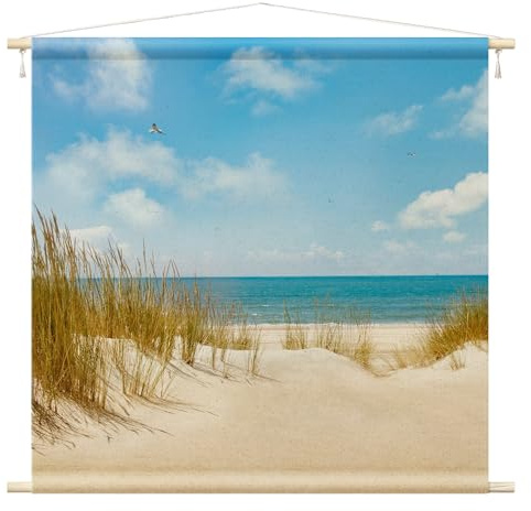 micasia Wandteppich Strand Meer Natur Stoffbild inkl. Holzstäbe & Seile Wanddeko - Made in Germany - Meerblick Modern beige Wohnzimmer Schlafzimmer Wandbehang 1163 (110x110cm)