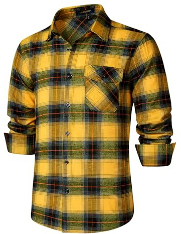HISDERN Lumberjack Shirt for Men Casual Cotton Checked Flannel Shirts Long Sleeve with Pocket Regular Fit Yellow 4XL