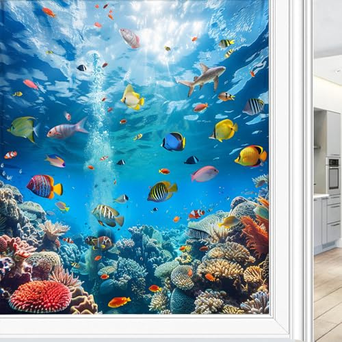 Moderne Ozeanfische Sichtschutzfolie 45x60cm | Fensterfolie, Vintage-Stil, Korallenwasser, nautisch, mattiert, selbstklebend, Fensterglasabdeckung für Zuhause, Büro