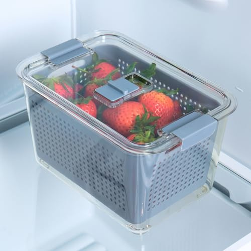 OHS Fridge Storage Container with Lid, BPA Free Plastic Leakproof Food Storage Container with Removable Basket Airtight Stackable Kitchen Meal Prep Food Storage, Grey/Clear - Medium