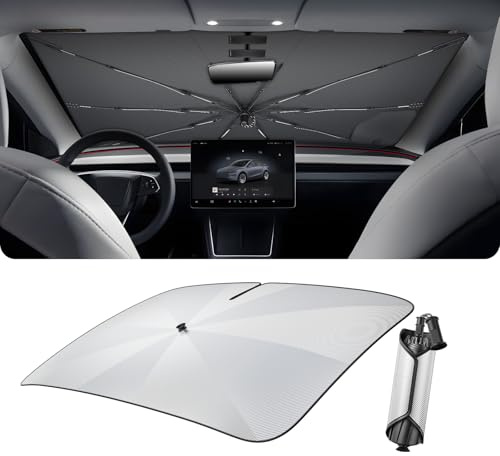 LUWU [Aggiornato] Ombrello Parasole Auto Compatibile con Tesla Model Y Juniper 2021-2025 2026 Parabrezza Parasole Auto ad Ombrello Pieghevole per Parabrezza Anteriore Interno Model Y Accessori